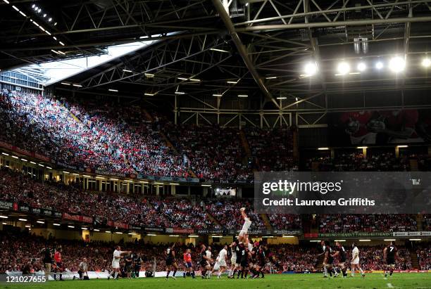 Tom Wood of England wins lineout ball during the rugby union international friendly match between Wales and England at the Millennium Stadium on...