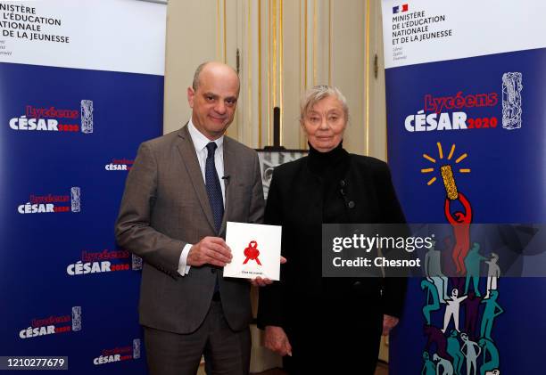 French Minister of National Education Jean-Michel Blanquer and Cesar Academy President Margaret Menegoz reveal the name of the winner of the "Cesar...