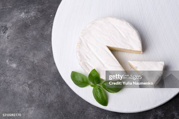 camembert or brie cheese on a white cutting board and branch of fresh green basil on black background - french cheese shop stock-fotos und bilder