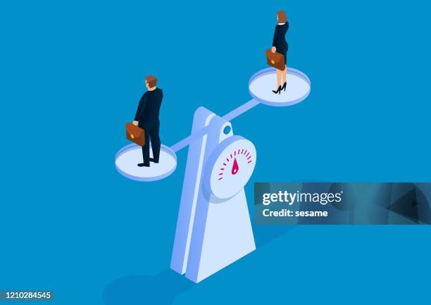 balance and equality, male businessman and businesswoman standing on scales to balance - just fixed stock illustrations