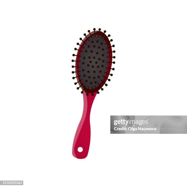 cartoon trendy style plastic hair brush with red handle isolated on white background - hair brush stock illustrations