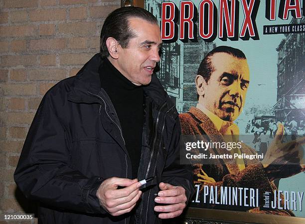 Chazz Palminteri signs autographs at the reopening of "A Bronx Tale" on Broadway after the Stagehands' strike ends at Walter Kerr Theatre on November...