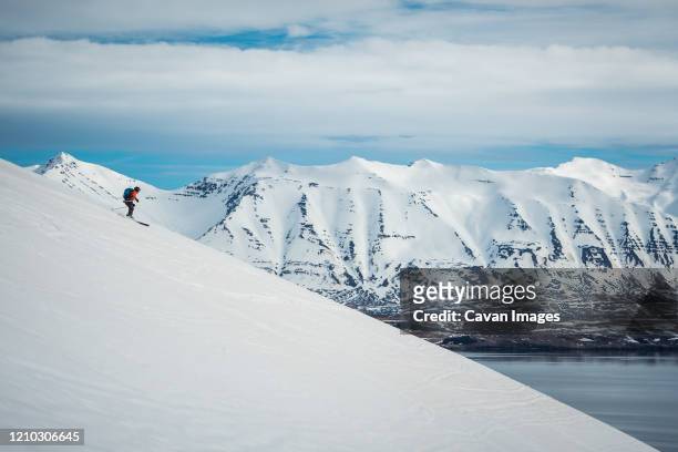 a woman skiing downhill with ocean and mountains in the background - downhill bildbanksfoton och bilder