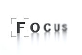The word FOCUS with focus in the foreground and a blurred background. Interface viewfinder. Video camera focusing screen. Camera frame. Creative conceptual illustration with copy space. 3D render