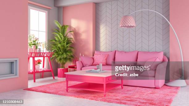 pastel pink living room with sofa and furniture - pink colour stock pictures, royalty-free photos & images