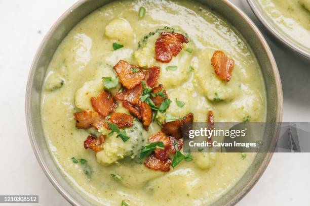 potato and broccoli soup with bacon - clam chowder stock pictures, royalty-free photos & images