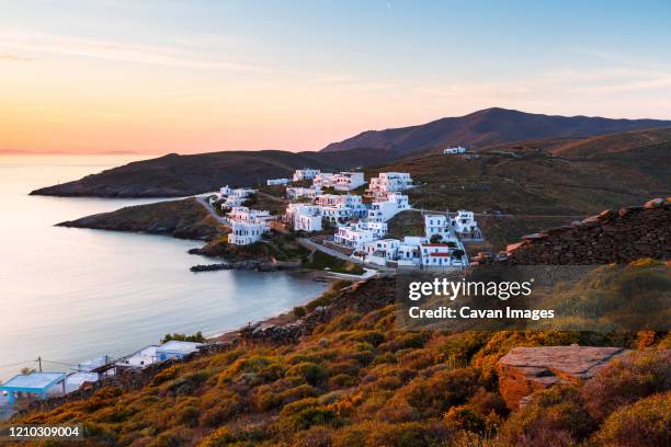 view of loutra village from the hills above. - citnos fotografías e imágenes de stock