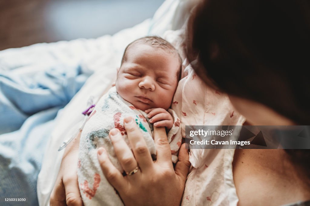 Overhead view of mother holding newborn boy's fingers in hospital bed