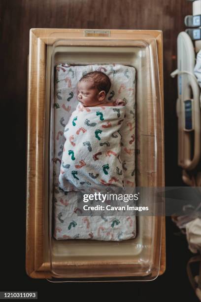 overhead view of newborn baby boy in hospital bassinet with blankets - lettino ospedale foto e immagini stock