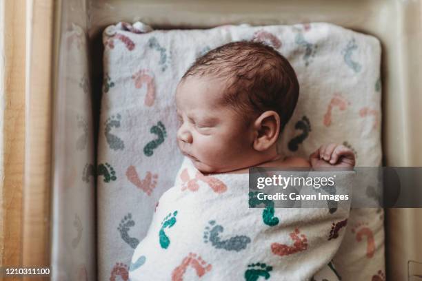 overhead view of newborn boy swaddled in hospital bassinet - hospital cot stock pictures, royalty-free photos & images