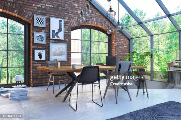 empty loft coworking space - cozy home office no people stock pictures, royalty-free photos & images
