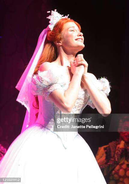 Actress Sierra Boggess take a bow during the curtain call at the debut of the Broadway Play "The Little Mermaid" at the Lunt-Fontanne Theater on...