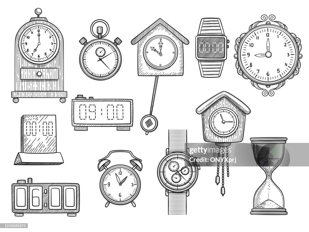 Doodle Clocks Watches Timer Alarm Vector Drawings Illustrations Set ...