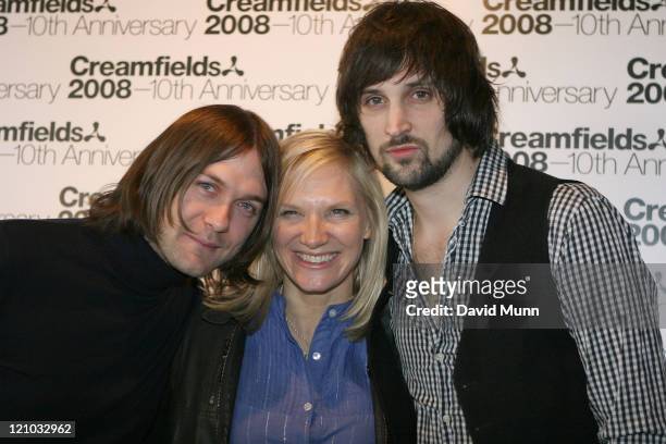 Tom Meighan and Sergio Pizzorno of the Kasabian pose with Jo Whiley of Radio One during the launch of Creamfields 2008 in the Korova Bar on March 7,...