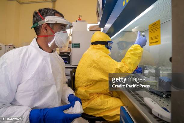 Medical staff work at the chemical analysis laboratory of the scientific department of the Celio Military Polyclinic Hospital where the Coronavirus...