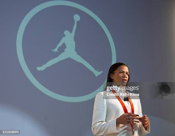 Team Jordan Athlete and US paralympian April Holmes addresses the media during the launch of the Air Jordan 2009 at The Event Space on January 8,...