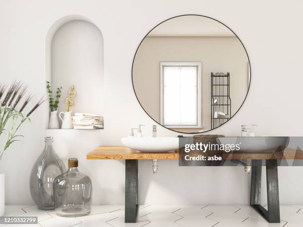 salle de bains moderne avec deux éviers et miroir - bathroom white design photos et images de collection