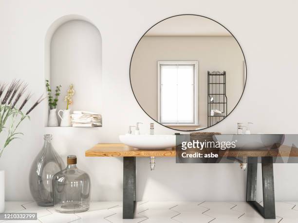modern bathroom with two sinks and mirror - domestic bathroom stock pictures, royalty-free photos & images