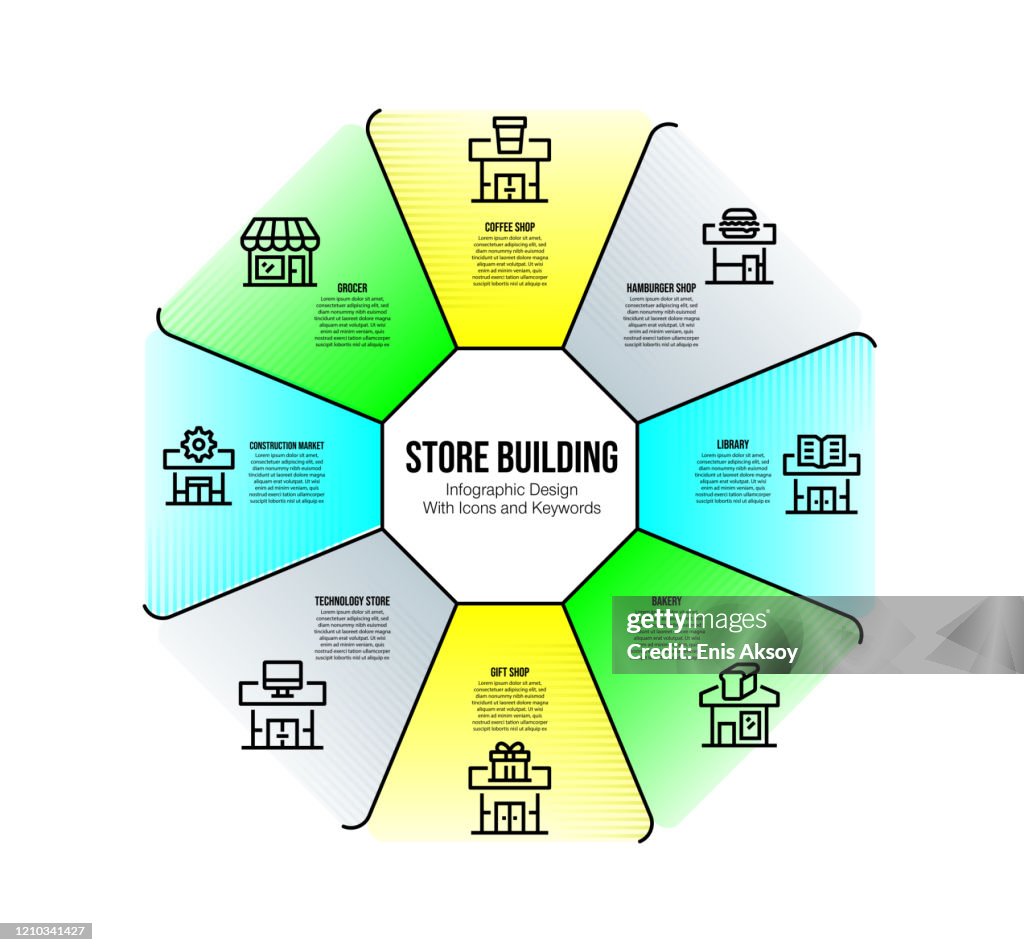 Infographic design template with store building keywords and icons