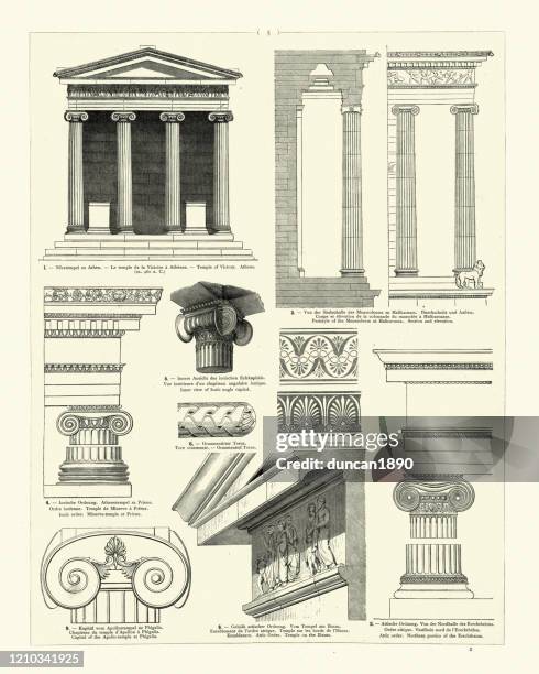 ilustrações, clipart, desenhos animados e ícones de exemplos da arquitetura clássica, templo da vitória, atenas - frontão triangular