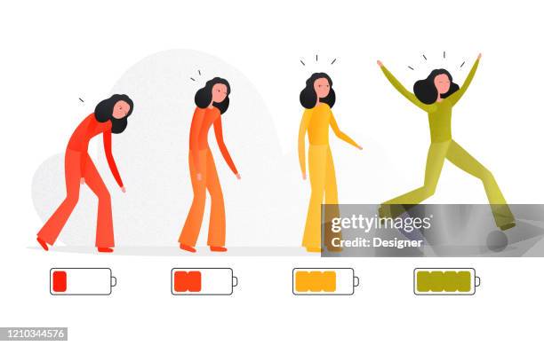 ilustraciones, imágenes clip art, dibujos animados e iconos de stock de ilustración vectorial de dibujos animados de mujer sintiéndose cansada y enérgica. carácter humano sobre fondo blanco - mujeres animadas