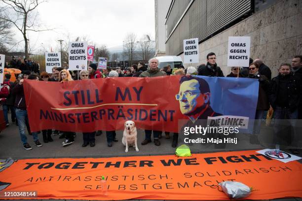 People protest during elections of a new governor of Thuringia in front of a Thuringia state parliament on March 4, 2020 in Erfurt, Germany. Today's...