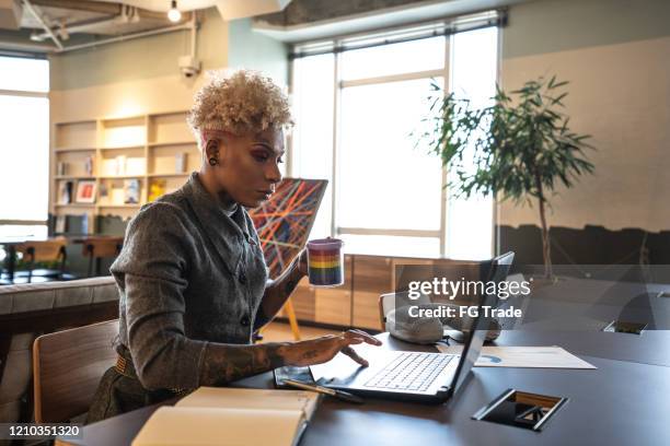 mid adult businesswoman working with technology at coworking - tech founder stock pictures, royalty-free photos & images