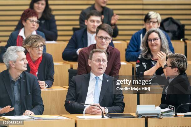 Bodo Ramelow, leader of the left-wing Die Linke political party in Thuringia, smiles after being elected new governor of Thuringia at the Thuringia...