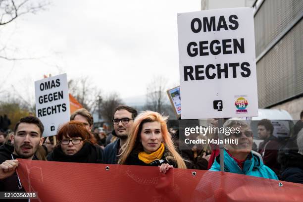 People protest during elections of a new governor of Thuringia in front of a Thuringia state parliament on March 4, 2020 in Erfurt, Germany. Today's...