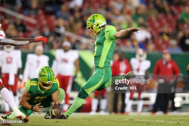 Andrew Franks of the Tampa Bay Vipers kicks a field goal during the XFL game against the DC Defenders at Raymond James Stadium on March 1, 2020 in...