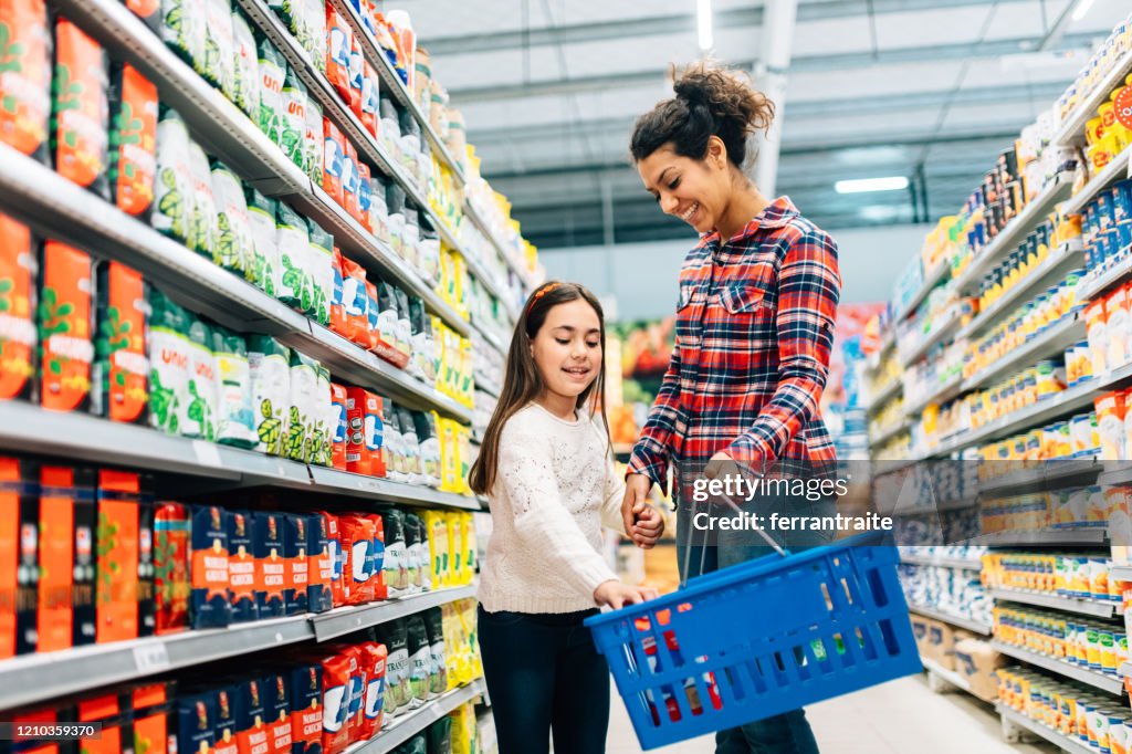 Mother and Daughter Shopping in Supermarket