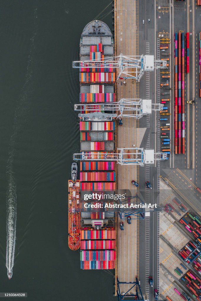 Aerial shot of a docked container ship, New Jersey, United States of America