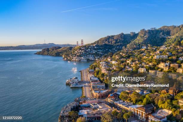 aerial view of sausalito with golden gate bridge - california seascape stock pictures, royalty-free photos & images