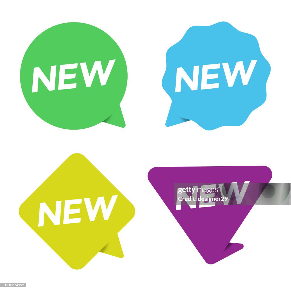 Nuevo conjunto de icono de pegatina. Nuevo precio de etiqueta y etiqueta, diseño vectorial de venta sobre fondo blanco.