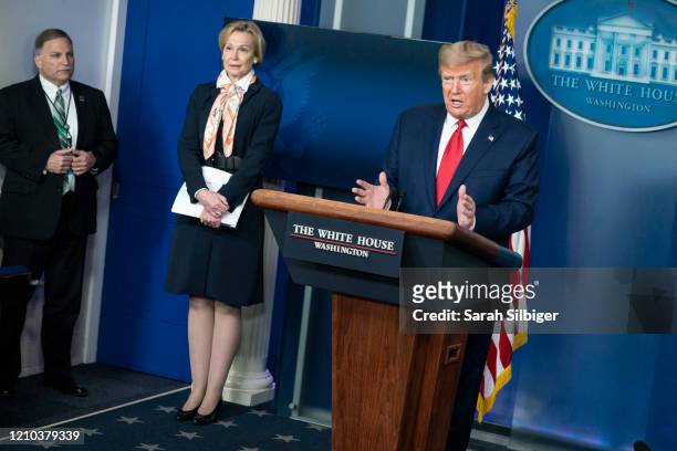 President Donald Trump delivers remarks during a press briefing with White House coronavirus response coordinator Deborah Birx, on April 18, 2020 in...