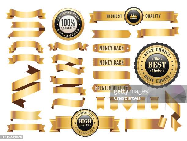 gold badges and ribbons set - gold coloured stock illustrations