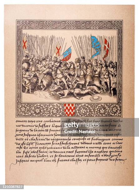 阿金古特之戰從恩格雷蘭德德蒙斯特雷特的chronique de法國，顯示在一個縮影的祈禱書從16世紀的法國手稿，從蒙特雷萊特的chronique第二卷。巴黎國家圖書館 - manuscript 幅插畫檔、美工圖案、卡通及圖標