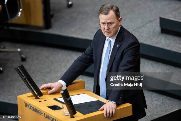 Bodo Ramelow, leader of the left-wing Die Linke political party in Thuringia, speaks after being elected new governor of Thuringia at the Thuringia...