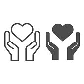 Hands holding heart line and solid icon. Charity and love shape in palms symbol, outline style pictogram on white background. Relationship sign for mobile concept and web design. Vector graphics.