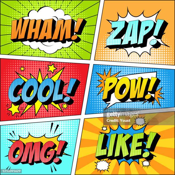 bunte satz von comic-ikone im pop-art-stil. wham, zap, cool, pow, omg, wie. - klatsch stock-grafiken, -clipart, -cartoons und -symbole