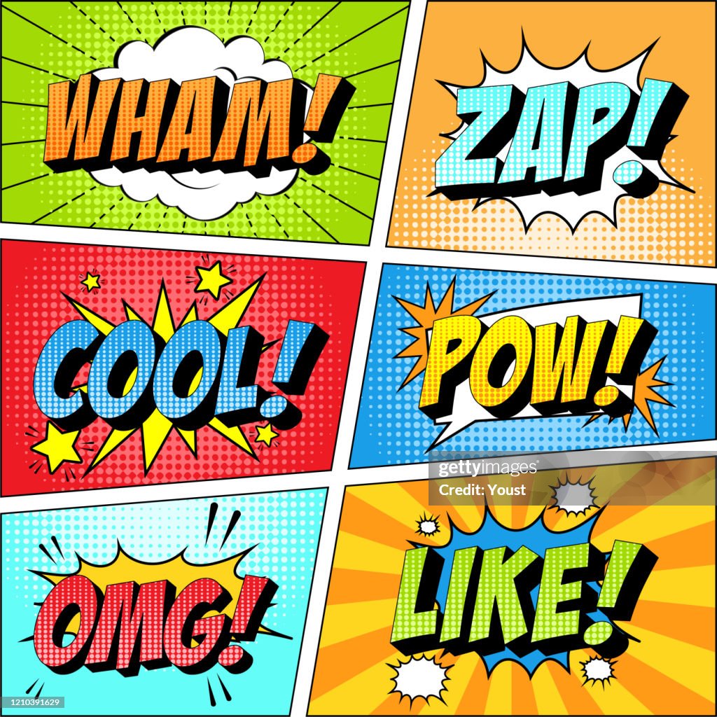 Colorido conjunto de icono cómico en estilo pop art. Wham, Zap, Cool, Pow, Omg, Like.