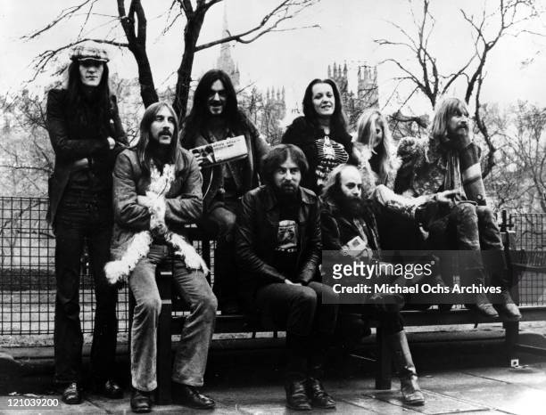 Members of the space rock group Hawkwind including Simon King, Dave Brock, Lemmy Kilmister, Del Dettmar , dancers Stacia and Miss Renee and Nik...