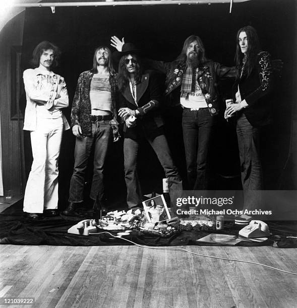 Simon House, Dave Brock, Lemmy Kilmister, Nik Turner and Simon King of the space rock group Hawkwind pose for a portrait in circa 1974.