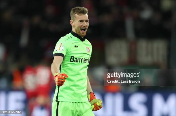 Lukas Hradecky of Bayer 04 Leverkusen during the DFB Cup quarterfinal match between Bayer 04 Leverkusen and 1. FC Union Berlin at BayArena on March...
