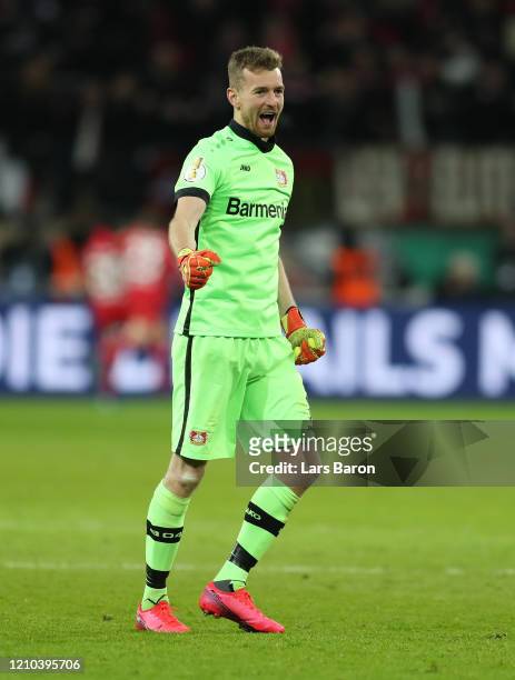 Lukas Hradecky of Bayer 04 Leverkusen during the DFB Cup quarterfinal match between Bayer 04 Leverkusen and 1. FC Union Berlin at BayArena on March...