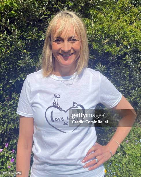 Louise Minchin, wearing a limited-edition t-shirt created in collaboration with Charlie Mackesy featuring his beloved characters, the Boy and the...
