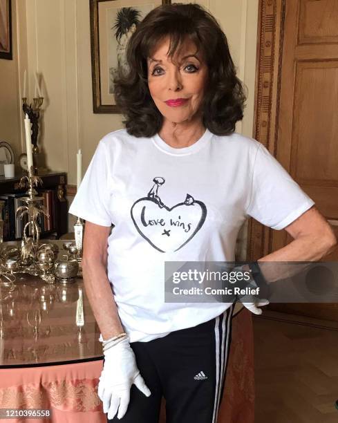 Joan Collins, wearing a limited-edition t-shirt created in collaboration with Charlie Mackesy featuring his beloved characters, the Boy and the Mole...