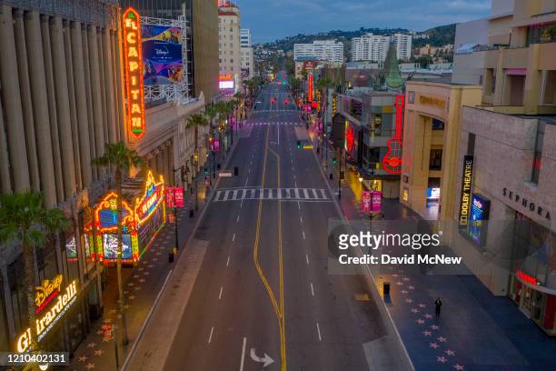 An aerial view shows Hollywood Boulevard as coronavirus infections continue to spread throughout the region on April 19, 2020 in the Hollywood...