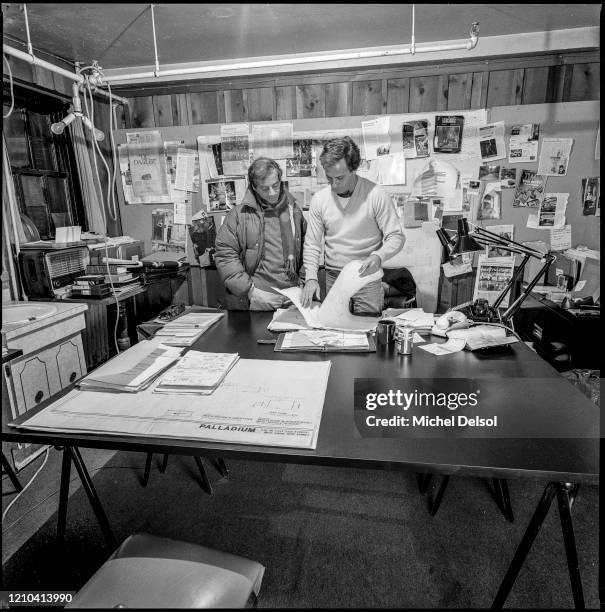 Steve Rubell and Ian Schrager in the offices of the Palladium nightclub five months before its opening. The nightclub was designed by Japanese...