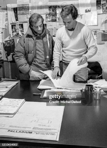 Steve Rubell and Ian Schrager in the offices of the Palladium nightclub five months before its opening. The nightclub was designed by Japanese...